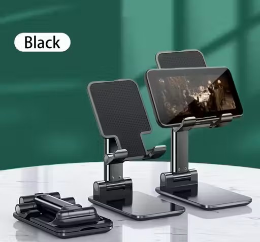 Adjustable & Foldable Mobile Phone Holder | Anti-Skid Tabletop Stand with Strong Base (Black, Flexible)