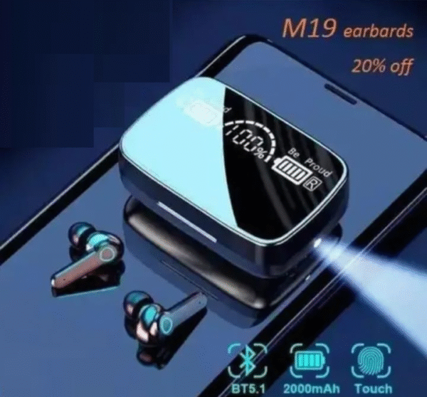 M19 TWS Wireless Earbuds | Bluetooth 5.1, Touch Control, Power bank Case & Flashlight (Black)