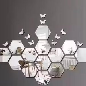 PLOUF Hexagon Butterfly Silver Acrylic Mirror Wall Stickers | Set of 10 for Hall, Bedroom & Kitchen Décor