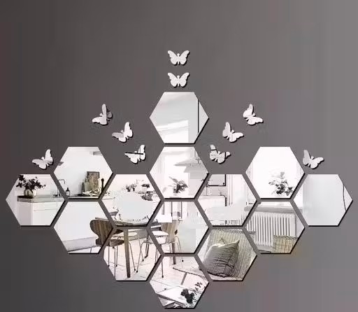 PLOUF Hexagon Butterfly Silver Acrylic Mirror Wall Stickers | Set of 10 for Hall, Bedroom & Kitchen Décor
