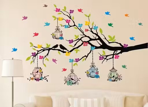 Tree Branches with Birdcage & Flowers – Decorative Vinyl Wall Sticker (127 x 80 cm, Matte Finish)