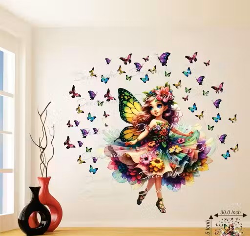 Trendy Fairy Wall Sticker with Colorful Butterflies | Artistic Vinyl Wall Décor for Kids & Home (30 x 25.5 Inch)