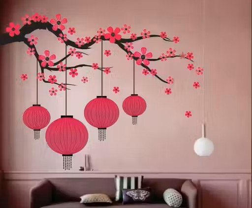 Decor Villa Diwali Wall Sticker | Big Size Floral Branches & Lamps Design for Home, Office & Festive Décor